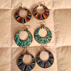Three pair of colorful beaded earrings